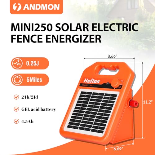 ANDMON MINI250 15 Miles Solar Electric Fence Charger, 0.25 Joule Solar Fence Charger for Livestock, Pigs, Horses, Cattle Sheep, Solar Powered Electric Fence with Day or Night Mode, Easy Installation - size: MINI250