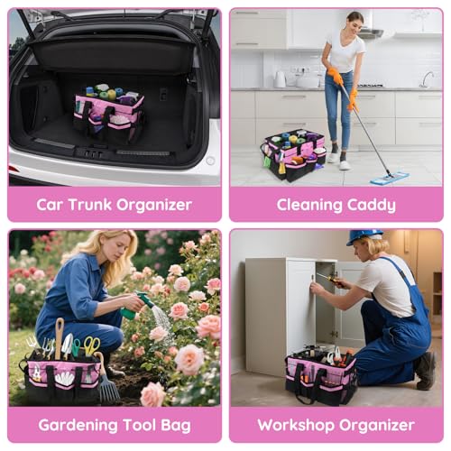 ZKOO Large Cleaning Caddy Bag with Handle, Built-in Sturdy Support Board, Adjustable Shoulder Strap, Multi-compartment Design Cleaning Supply Tote for Cleaners & Housekeepers (Pink) - color: Pink