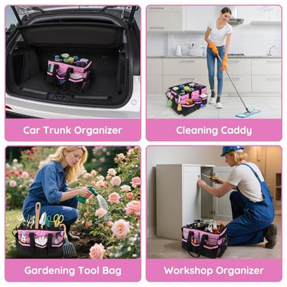 ZKOO Large Cleaning Caddy Bag with Handle, Built-in Sturdy Support Board, Adjustable Shoulder Strap, Multi-compartment Design Cleaning Supply Tote for Cleaners & Housekeepers (Pink) - color: Pink