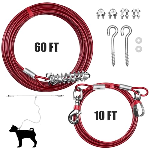 BV 60ft Aerial Pet Trolley System with 10ft Pulley Lead - Heavy Duty Dog Tie Out for Yard up to 125 lbs, Reflective Run Cable (Not a Leash, Bare End) - color: 125lbs/ 60ft/ Trolley, style: Single