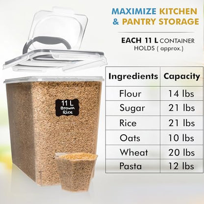 Shazo 2 PC (11L | 372 oz) Flour Sugar Storage Containers with Spout Lid & Easy Carry Handle - BPA Free Extra Large Airtight Food Storage Containers with Lids - Rice Canisters Sets for Kitchen & Pantry - color: Gray