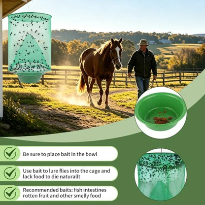 8 Pack Ranch Horse Fly Trap Outdoor Hanging, Reusable Stable Fly Catcher Cage with Food Bait Tray for Farms, Patios, Backyards and Ranches
