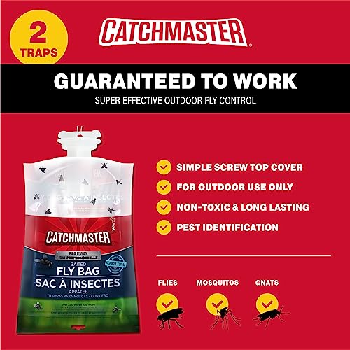 Catchmaster Fly Trap Bundle, Fly Bag 2-Pack & Fly Ribbon 20-Pack, Fruit Fly Traps for Indoors & Outdoors, for Garage, Backyard, Pool, Patio & Camping