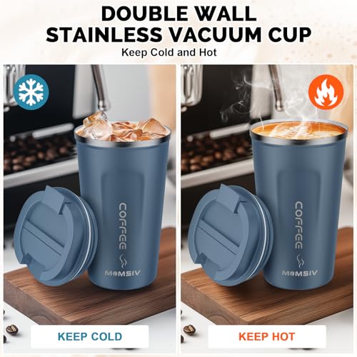 MOMSIV 17oz Travel Coffee Mug, Insulated Coffee Cup with Leakproof Lid - color: A-Silver Blue-17oz