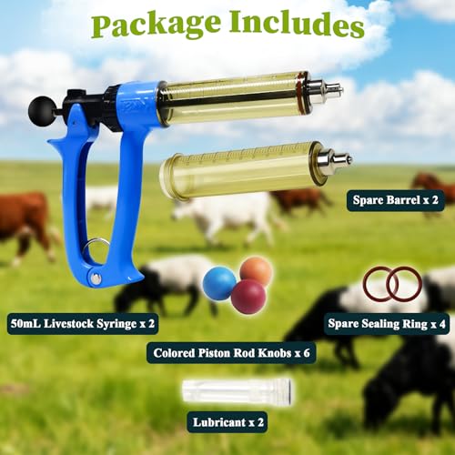 2Pcs 50mL Livestock Syringe, Include 6 Piston Rod Knobs & 2 Spare Barrel - size: 2 PCS