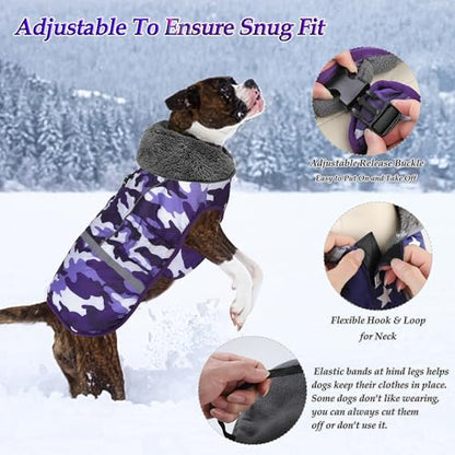 Dogcheer Warm Dog Coat, Waterproof Dog Jacket Christmas Puppy Winter Coat with Buckle, Reflective Adjustable Pet Snow Jacket Turtleneck Fleece Sweater for Small Medium Large Dogs - Camo Purple, S - color: Camo Purple, size: Small