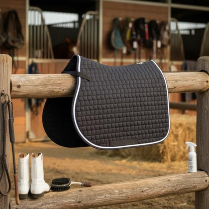 Premium English Horse Saddle Pad, Quilted Square Design, Available in Pink, Mint Green and Red etc, All-Purpose with Girth Straps (Black) - color: Black