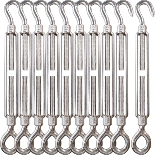 1/2" Turnbuckle Lsqurel 10PCS 304 Stainless Steel Turnbuckle Hook and Eye Heavy Duty M12 Tensioner Adjustable Shade Sail Hardware for Tightening up Metal Cable Wire - style: M12 - 10pcs