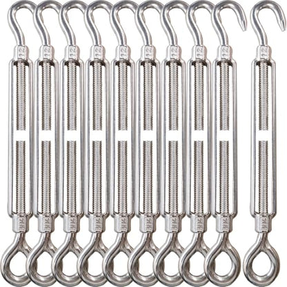 1/2" Turnbuckle Lsqurel 10PCS 304 Stainless Steel Turnbuckle Hook and Eye Heavy Duty M12 Tensioner Adjustable Shade Sail Hardware for Tightening up Metal Cable Wire - style: M12 - 10pcs