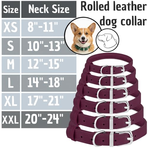 OOPSDOGGY Rolled Leather Dog Collar Reflective – Genuine Leather Round Dog Collar for Small Medium Large Dogs (Burgundy, 20" – 24") - color: Burgundy, size: 20" – 24"