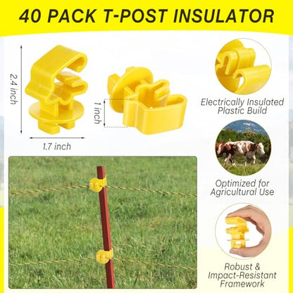 SATINIOR 46 Pcs Electric Fence Kit Included 3366ft/ 1026m Electric Fence Polywire, 40 T Post Insulators Socket, 5 Yellow Rubber Gate Handle Insulators for Fencing Horse, Cattle, Predator Protection