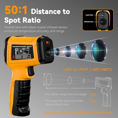 Infrared Thermometer Gun, -58°F to 1796°F, Dual-Mode 50:1 - color: Yellow/-58°F to 1796°F and -4°F to 932°F