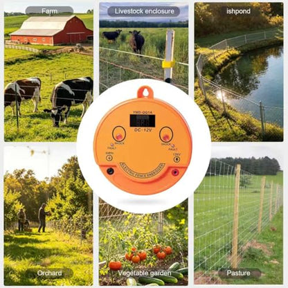 2.5J Electric Fence Charger, DC 12V / AC 110V-240V, 12kV Output Voltage, Covers up to 6.2 Miles (10 km). Supports Solar, Battery and AC Power Supply. Equipped with a Display Screen and Alarm Function.