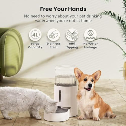 CZPET Automatic 4L/135Oz/1Gal Cat Water Dispenser with Stainless Steel Bowl, Gravity Waterer for Small Medium Dog Puppy Kitten (White) - color: White, size: 4L