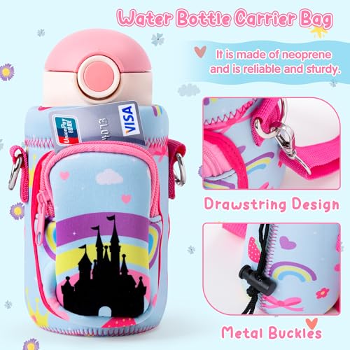 Water Bottle Carrier Bag with Strap for Kids - Water Bottle Bag Holder with Padded Strap Pocket 10/12/14/16/18Oz for Boys Girls School Walking Hiking Camping - style: Castle Girl