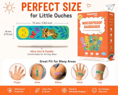 Waterproof Self-Adhesive Bandages, Sterile & Individually Wrapped, Fun Cartoon Designs, Latex-Free, Hypoallergenic, 4-Sided Seal, First Aid for Minor Cuts, Scrapes & Wounds