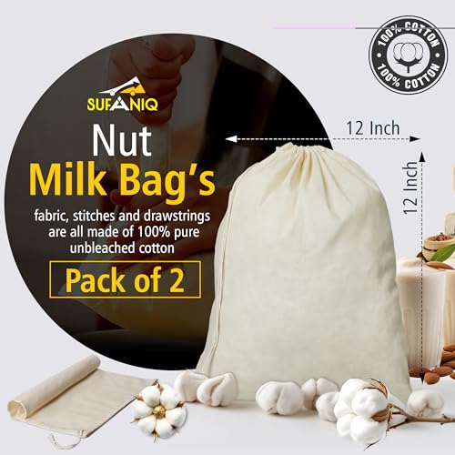 SUFANIQ Nut Milk Bag - 2 Bags (12 x 12 Inch) 100% Unbleached Cotton Cheese Cloth Bag for Straining, Premium Nut Milk Bag Reusable, Nut Bag Strainer for Almond, Soy, Oat Milk, Juices, Cheese Making - size: 12x12 / 2 pieces