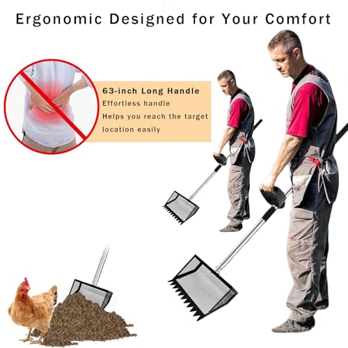 12"Chicken Poop Scooper Rake 2in1 with Adjustable Handle,Chicken Poop Scoop | Chicken Coop Scoop for Sand,Wide 10”Poop Shovel Cleaning Tools, Heavy Duty Sifting Shovel,Chicken Coop Accessories,Black Max