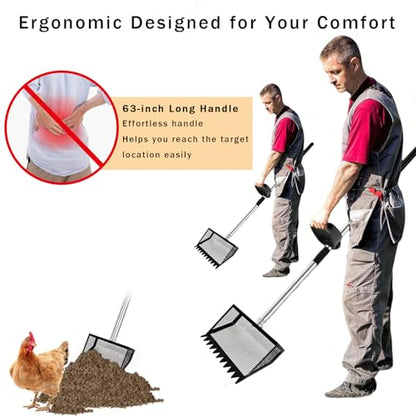 12"Chicken Poop Scooper Rake 2in1 with Adjustable Handle,Chicken Poop Scoop | Chicken Coop Scoop for Sand,Wide 10”Poop Shovel Cleaning Tools, Heavy Duty Sifting Shovel,Chicken Coop Accessories,Black Max