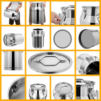 Milk Can 30L/7.93gal, Stainless Steel Liquid Pail with Airtight Lid, Large Capacity Food Storage Container for Grain, Oil, Tabletop/Freestanding Commercial/Home Kitchen Round Rice Bucket, 12.6*18.9in - size: 30L/7.93Gal