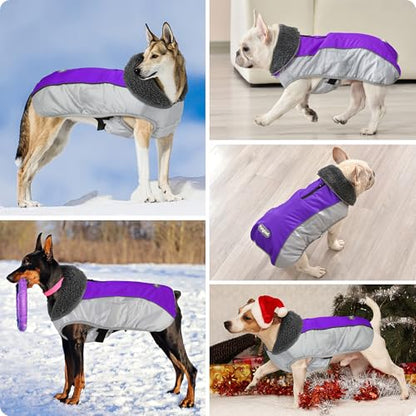 Petglad Dog Coat, Waterproof Ripstop Dog Winter Jacket with Leash Hole, Reflective Adjustable Warm Pet Fleece Snow Sweater for Small Medium Large Dogs - Purple, L - color: Purple, size: L