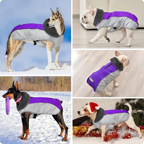 Petglad Dog Coat, Waterproof Ripstop Dog Winter Jacket with Leash Hole, Reflective Adjustable Warm Pet Fleece Snow Sweater for Small Medium Large Dogs - Purple, 3XL - color: Purple, size: 3XL