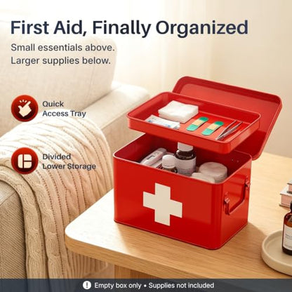 Flexzion Large Metal First Aid Box Empty, 8.5-Inch, Red with White Cross - color: Red, size: 8.5 Inch without Latch Lock
