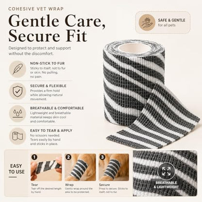 Premium Pet Vet Wrap — Non-Stick to Fur Self Adherent Bandage Wrap for Dogs, Cats & Horses, Breathable Cohesive Tape for Wounds, Paws & Legs, Animal Print Design - Pack of 2 - color: Zebra Print