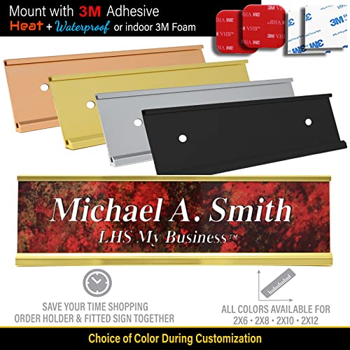 Custom Office Door Name Plate, Wall Sign Brass with Black Letters, 2x6 | Mounting Included 10+ Options, Desk, Wall, Cubicle & Door Nameplate Holders, 3M Adhesive, Hanging, Personalized & Made in USA - color: M6 - Brushed Brass Pattern & Black Lettering, s