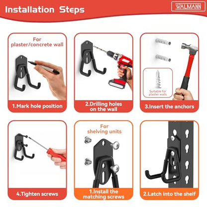 WALMANN Garage Storage Hooks, Wall Mount Utility Hooks for Tools, Black | Wall hooks for Ladders, Cords, Folding Chairs, Shovels and Rakes, Shelving Hooks for Keyhole Shelving Units - style: Black Hook