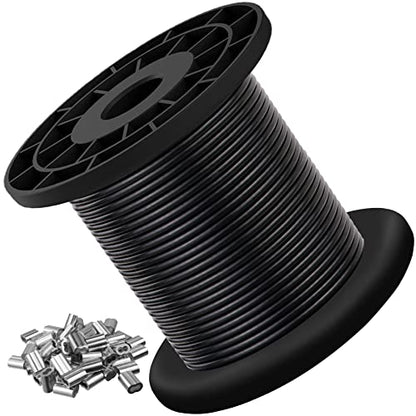 304 Stainless Steel Wire Rope Cable 3/32, Black Vinyl Coated - Outdoor Light Guide Wire for String Lights, Clotheslines - 1/16 Inch Overmolded to 3/32 Inch, 100ft - size: 100FT