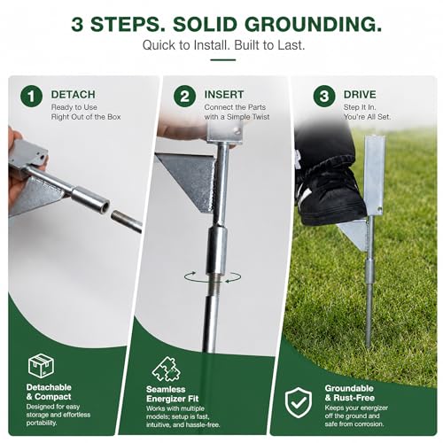 18.5 Inch 2-in-1 Portable Electric Fence Energizer Stand & Grounding Stake, Detachable Anti-Corrosion Metal Mount with Step-in Foot Pedal