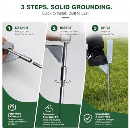 18.5 Inch 2-in-1 Portable Electric Fence Energizer Stand & Grounding Stake, Detachable Anti-Corrosion Metal Mount with Step-in Foot Pedal