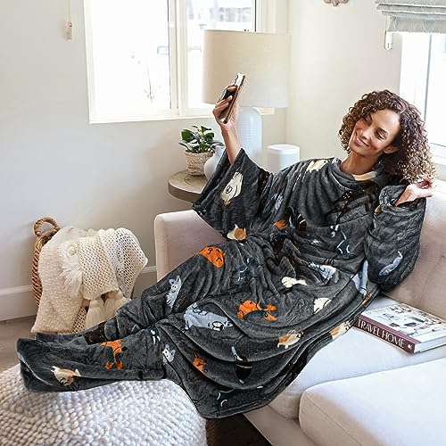 Catalonia Wearable Blanket with Sleeves & Foot Pocket for Adults - color: Dog Grey, size: Fleece
