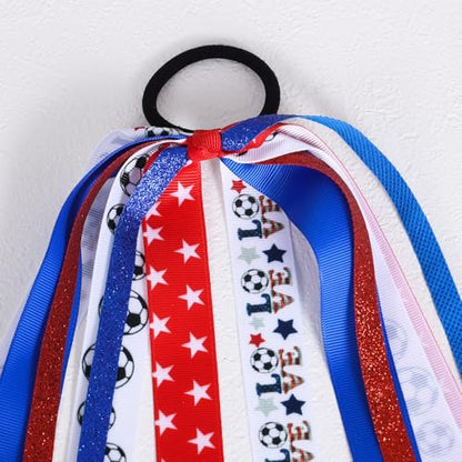 Girls Soccer Ponytail Cheer Bow with Streamers Glitter Red White Blue Sports Hair Ribbons Elastic Hair Tie Bands Soccer Team Game Day Accessories Gift for Cheerleader Moms Player Women - color: Soccer-U