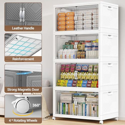 BROVIEW 300QT Large Stackable Storage Bins with Clear Doors, V20 3Pack | 75Gal Plastic Closet Organizer Cabinet with Lid and Wheels, Collapsible Latch Box Folding Drawer for Home, White - size: 100QT-3Pack