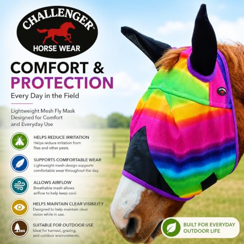 Equine Horse FlyMask Summer Spring Airflow Mesh Cob Ears 73206C - color: Rainbow, size: Cob Size