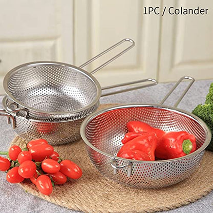 Stainless Steel Fine Mesh Colander with Long Handle, 6-Inch Metal Food Strainer with Resting Feet, Micro-Perforated Colander Metal Kitchen Strainer for Fried Food Vegetable Fruit(silver)