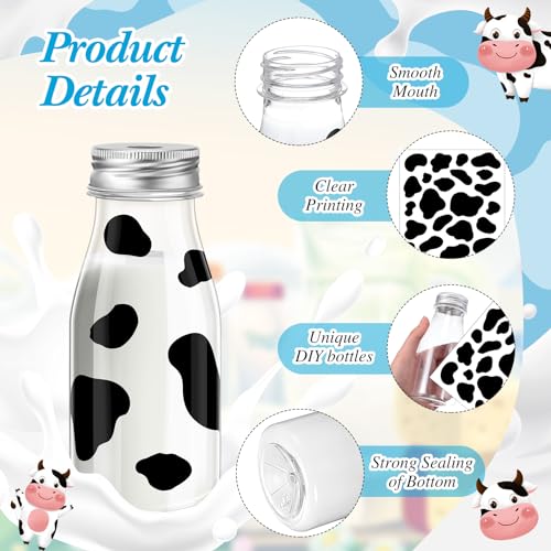 SiliFine 24 Set 7 oz Mini Milk Bottles with Straws Lids, Cow Print Stickers