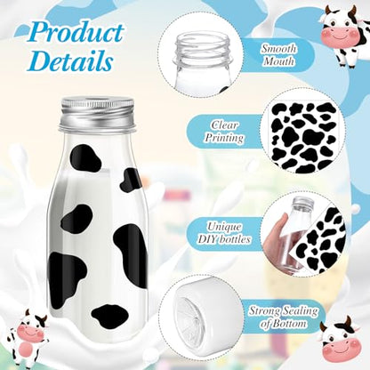 SiliFine 24 Set 7 oz Mini Milk Bottles with Straws Lids, Cow Print Stickers