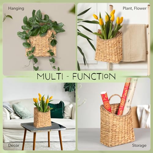 Woven Hanging Water Hyacinth Baskets, Hanging Wall Wicker Basket, Handmade Organizer Baskets, Hanging Flower Basket for Shelves, Walls, Doors, Balconies, Front of House, Garden, Farmhouse, Home. - color: Light Brown