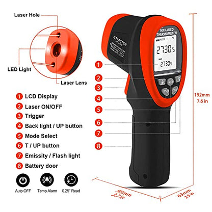 BTMETER BT-1500 Pyrometer 30:1 Industrial Laser Thermometer Gun, -58℉ to 2732℉ Non Contact High Temp Infrared Thermometer Digital IR Temperature Gauge Orange(NOT for Human Temp Test) - color: Orange