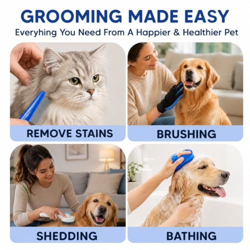 NVNAN 5-Piece Dog Grooming Brush Set with Grooming Gloves | Includes deshedding comb, shampoo brush, and pet hair removal tools for shedding, bathing, and brushing - color: Blue-4