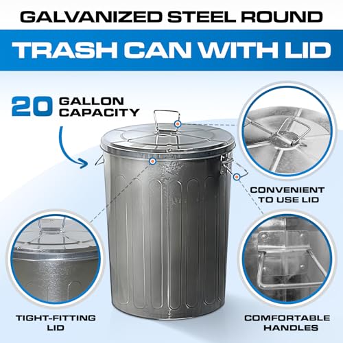 Plexon 20 Gallon Metal Trash Can with Lid Outdoor Large Trash Bin Galvanized Steel Garbage Can for Farm Garage Patio Ash Bucket Bird Seed Storage Can Heavy Duty Round Container - color: Silver