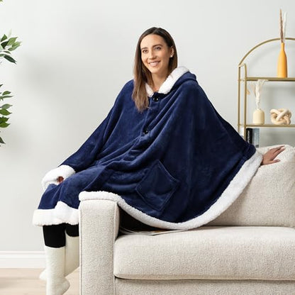 PAVILIA Hooded Blanket Poncho for Women, Fleece Wearable Shawl Wrap, Blue | Fleece Shawl Wrap with Hood, Adult Wearable Blanket, Cozy Warm Poncho Cape Throw with Pockets, Gift for Elderly Mom - color: Navy