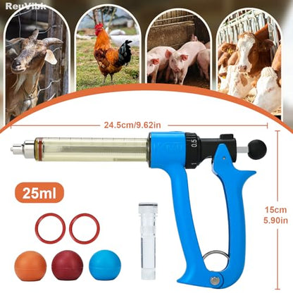 25ml Semi-Auto Repeating Livestock Syringe Gun, 5 Dose Settings - color: Blue25ML