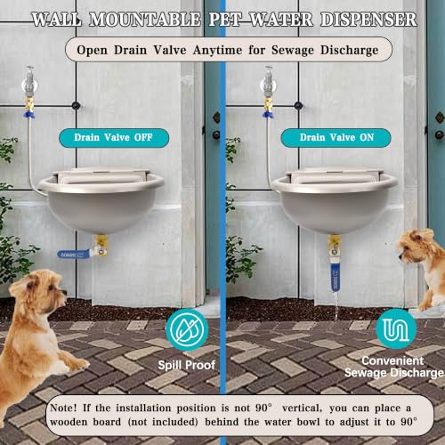 Automatic Dog Water Dispenser with Drain Hole & Drain Valve, Stainless Steel Auto Dog Water Bowl with Float Valve, Hose Quick Connect Fitting, for Livestock, Chicken, Horse (1 Gallon)