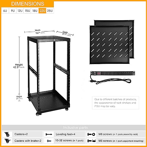 RIVECO 22U Network Rack with Reinforced Top & Bottom Vented Plates - 4 Rolling Wheels Floor Standing for 19" Equipment & Stereo Gear - Including 2PCS Shelves & Rail Mount PDU - size: 22U