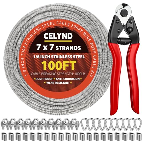 1/8 Stainless Steel Cable Kit - 100ft 1/8" Wire Rope with Cutter - size: 100FT Kit