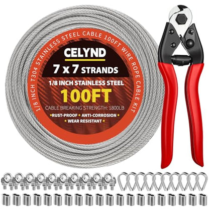 1/8 Stainless Steel Cable Kit - 100ft 1/8" Wire Rope with Cutter - size: 100FT Kit